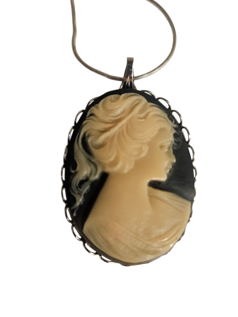 Vintage Black and Cream Cameo Pendant Necklace With Chain